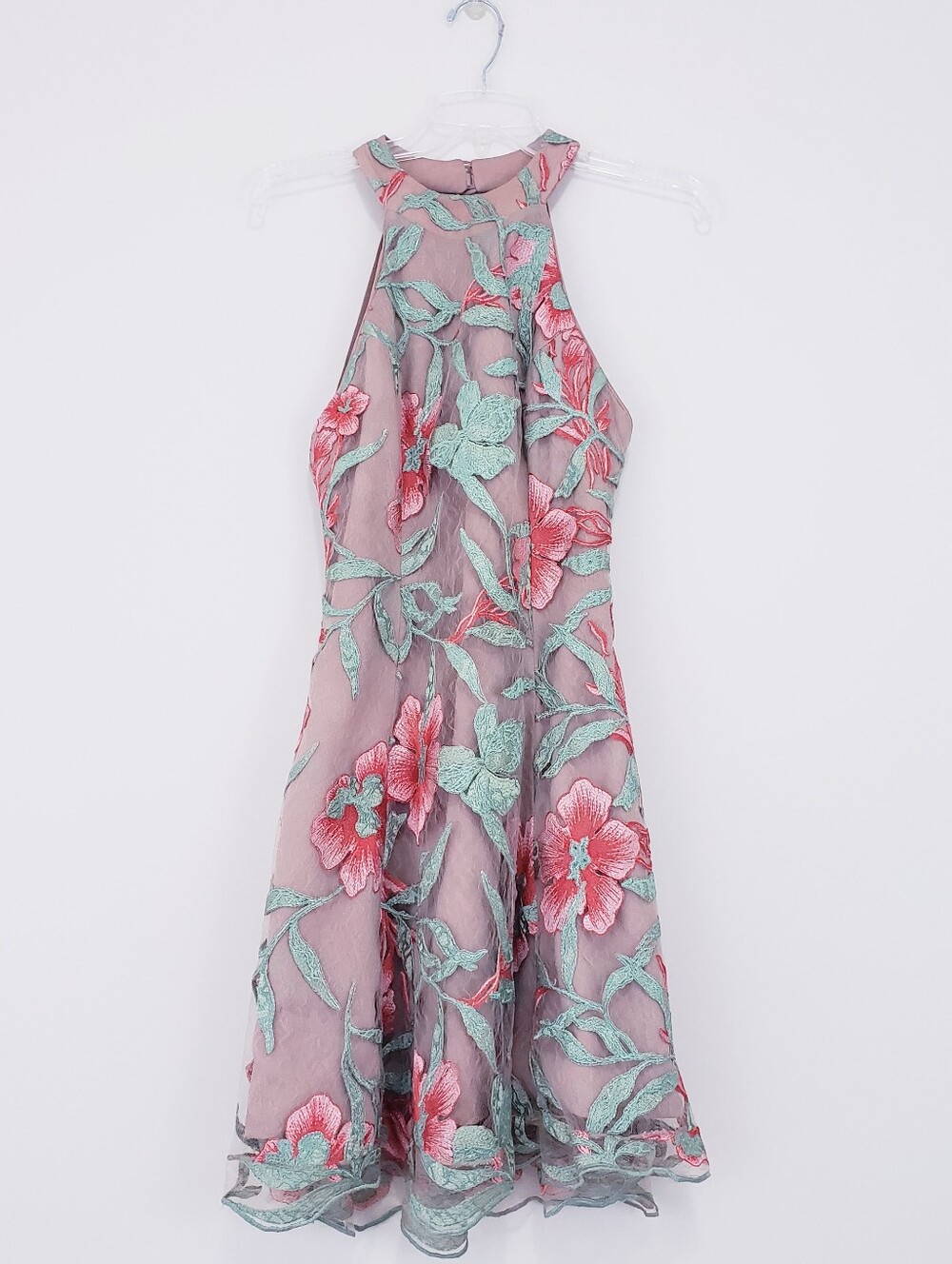 Dress The Population Abbie Floral Halter Dress Skater Coral Beige Lace Medium - Picture 3 of 11